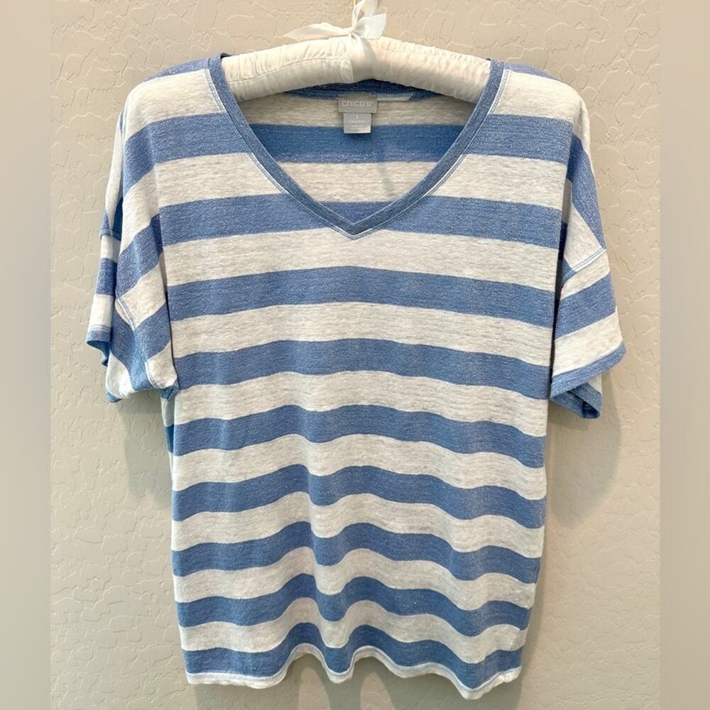 CHICO’S | Blue White Linen Blend Stripe Tee V-Neck Top | Size 1 Medium